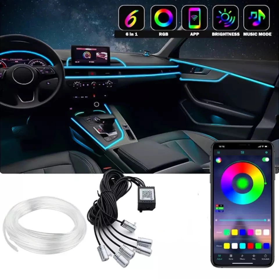 Kit 5 Benzi LED Lumini Ambientale auto RGB, Control din Aplicatie Telefon,  6 Metrii - Ledacy Auto